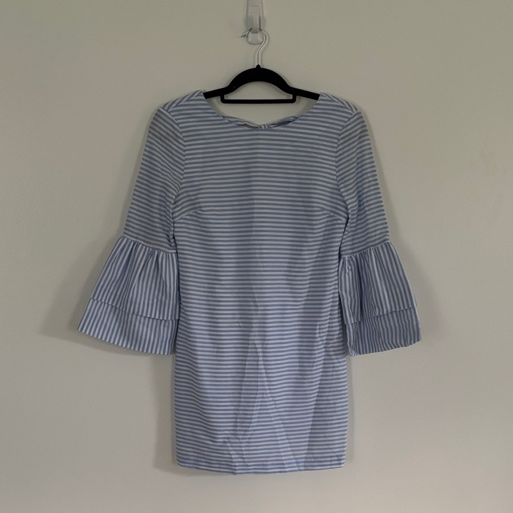 English Factory Blue and White Ruffled Sheath Dress